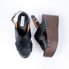 Black wedge heel sandals for women, crossed bands on a wood-look platform wedge