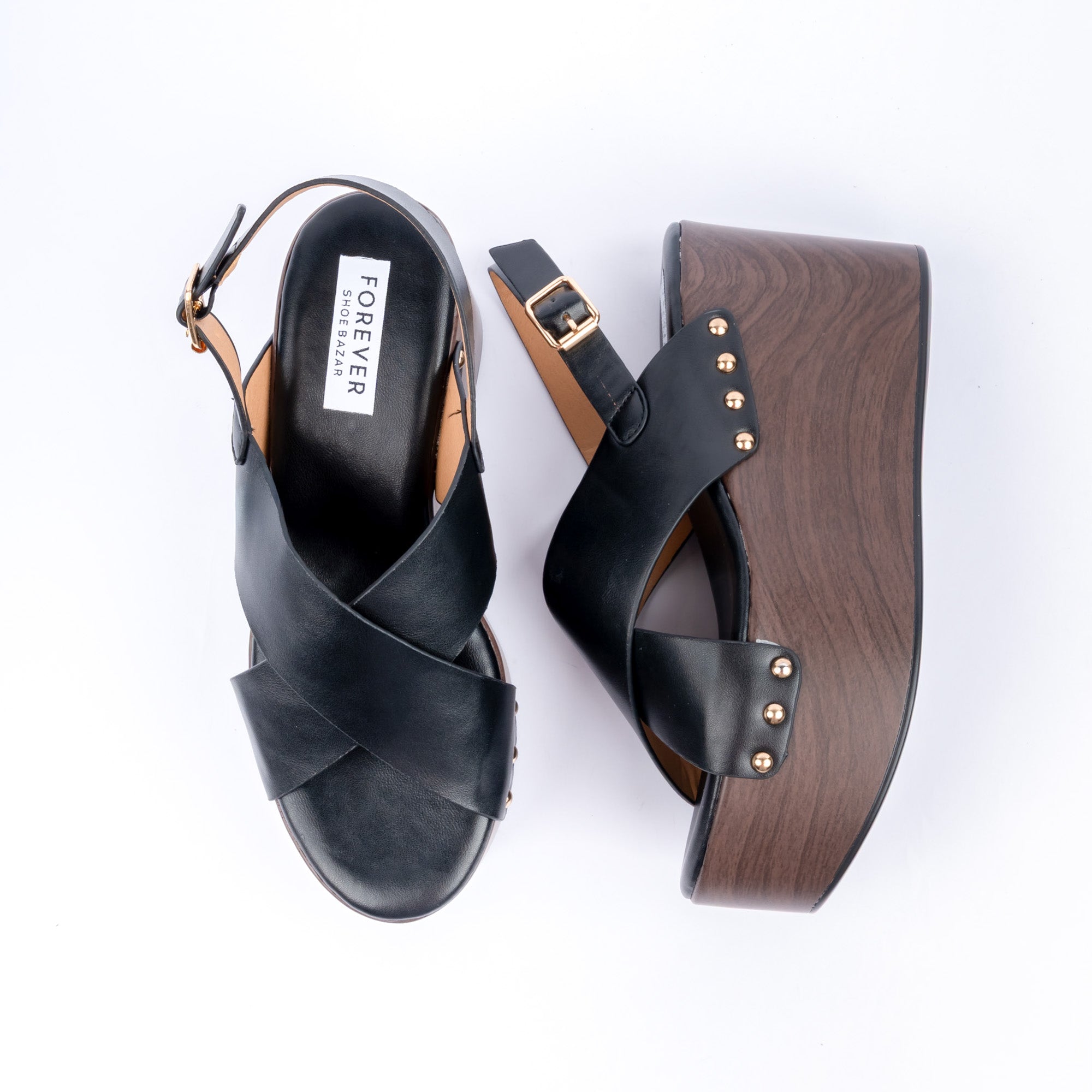 Black wedge heel sandals for women, crossed bands on a wood-look platform wedge