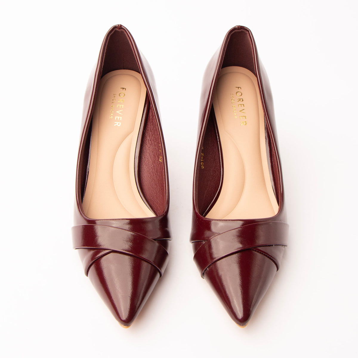 Maroon folded strap pumps styled for everyday wear