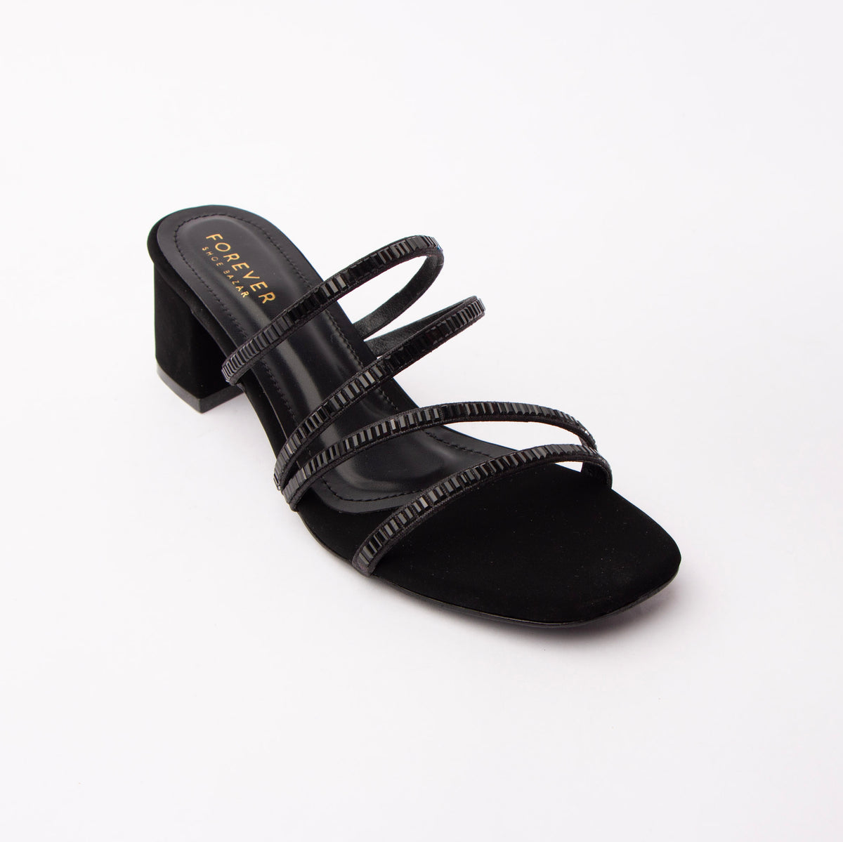 Black criss cross strap mules styled for party wear
