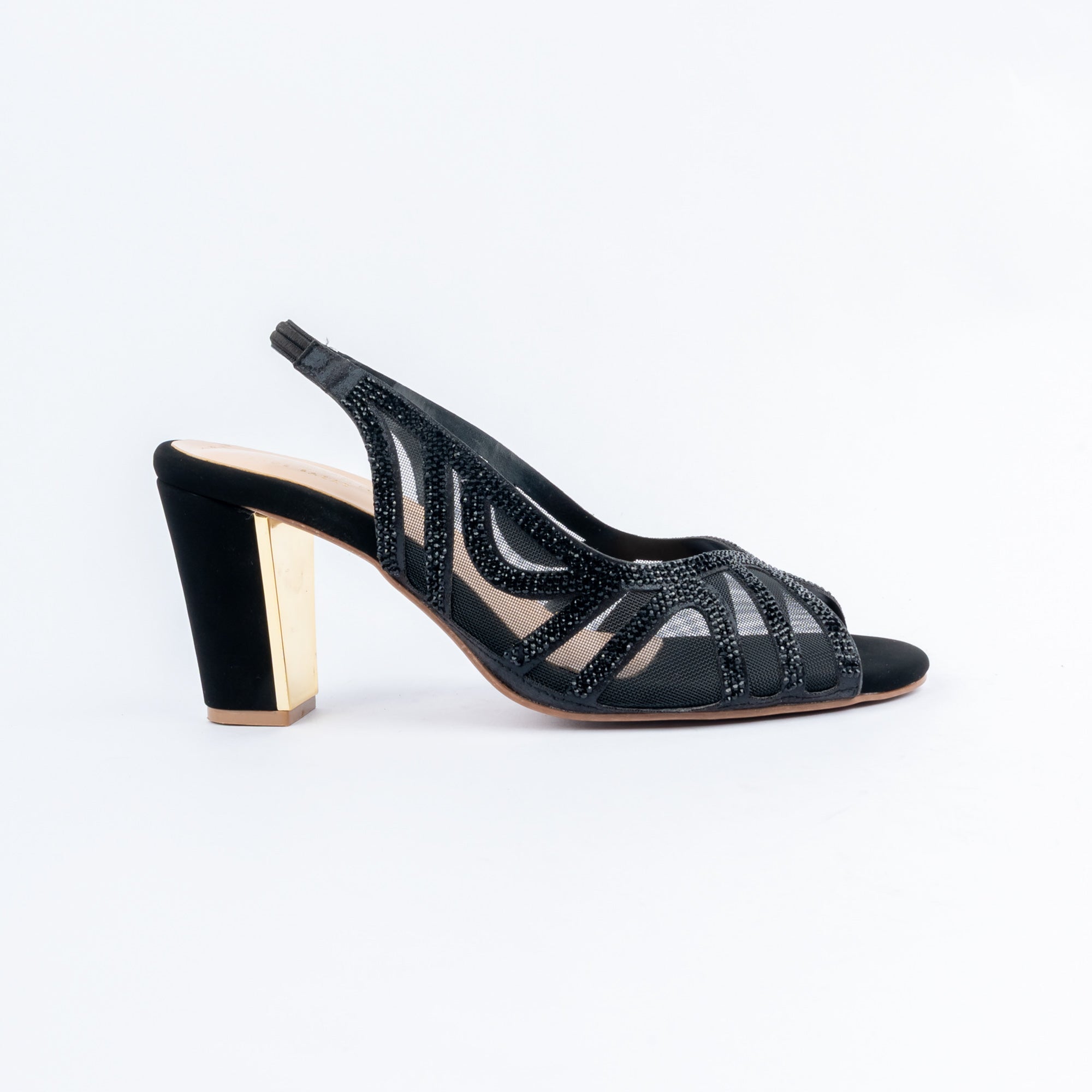 Black peep toe heels for women with cushioned footbed, side view