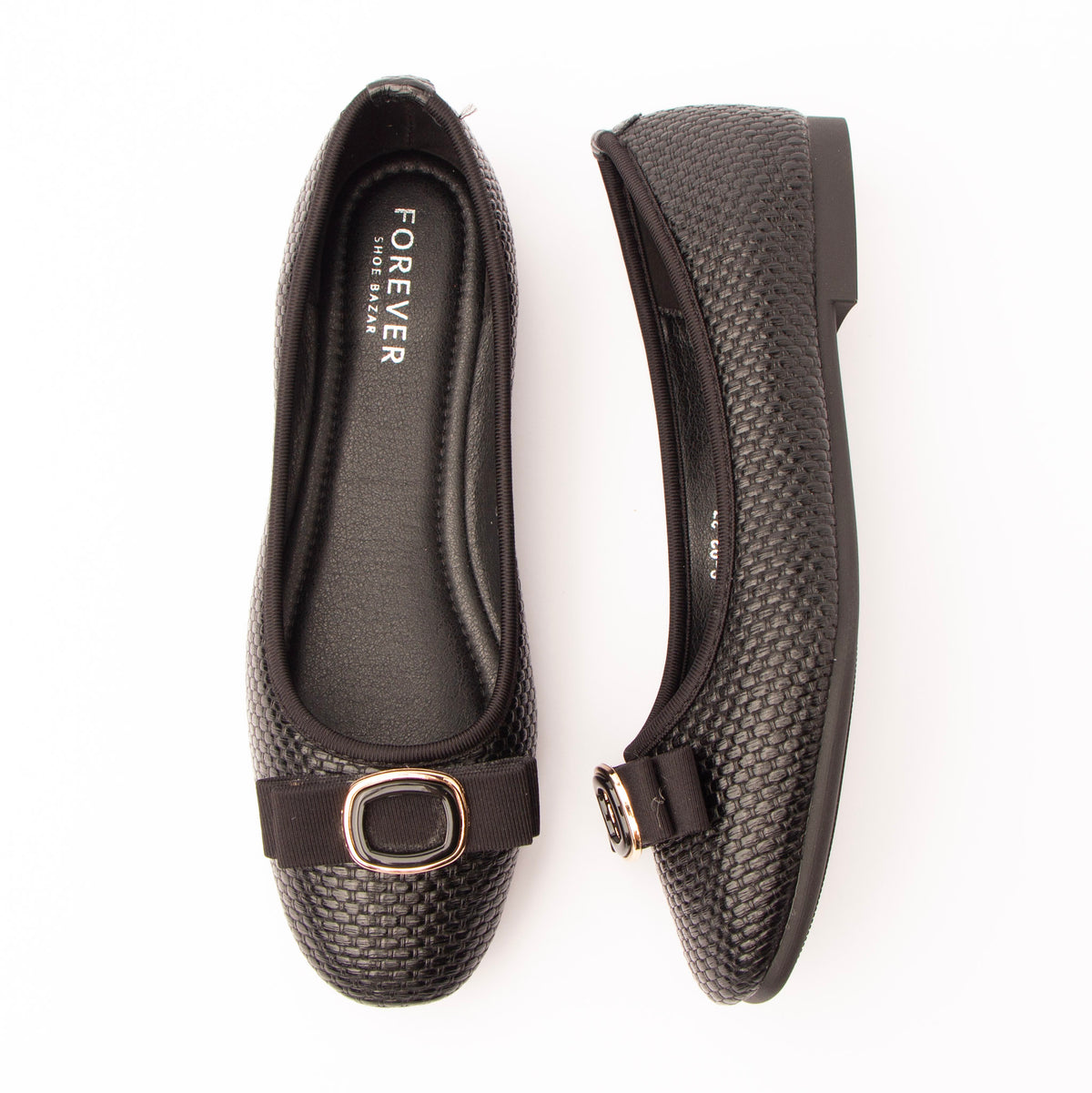 Black woven ballerina flats for women with a cushioned footbed