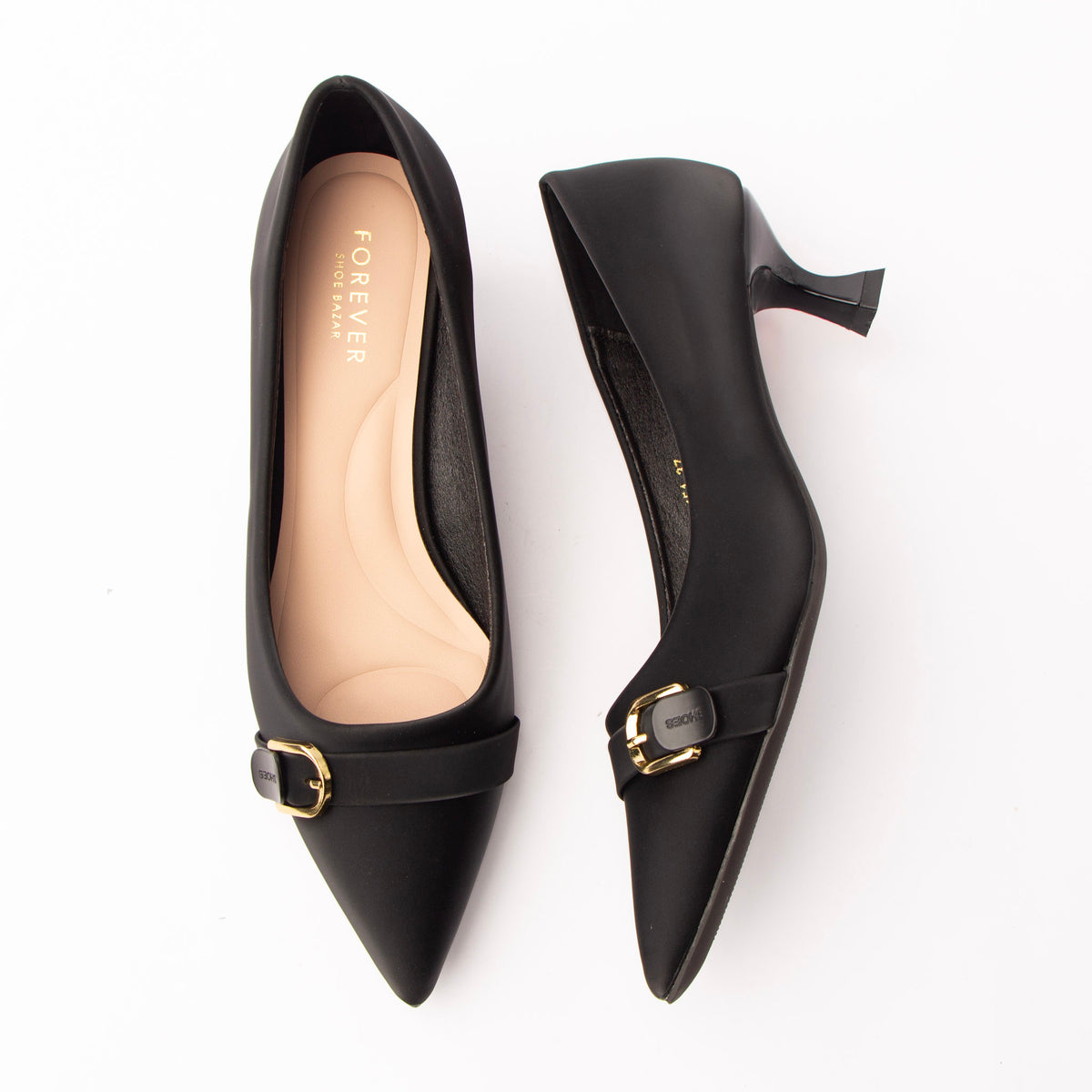 Black buckle kitten heels for women with a cushioned footbed