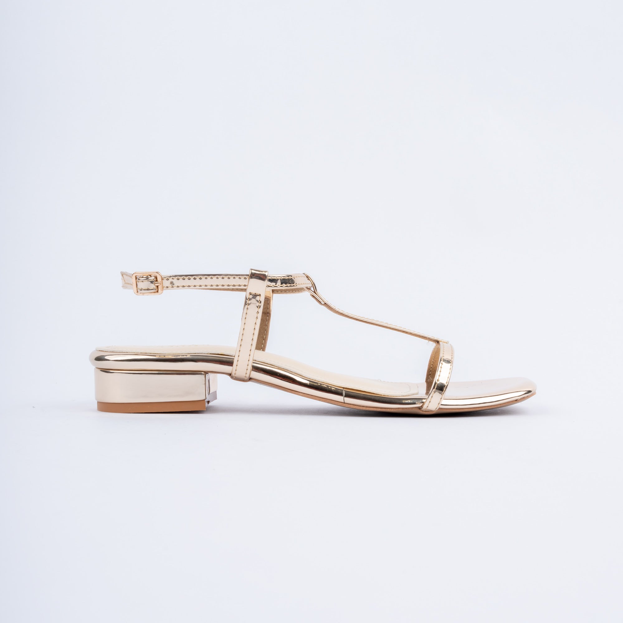 Gold block heel sandals for women, mirror-finish straps - one slim toe band joined by a centre T-bar to a fine pin-buckle ankle strap - over a padded footbed on a low square-set block heel