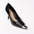 Black metal toe cap stilettos styled for casual wear
