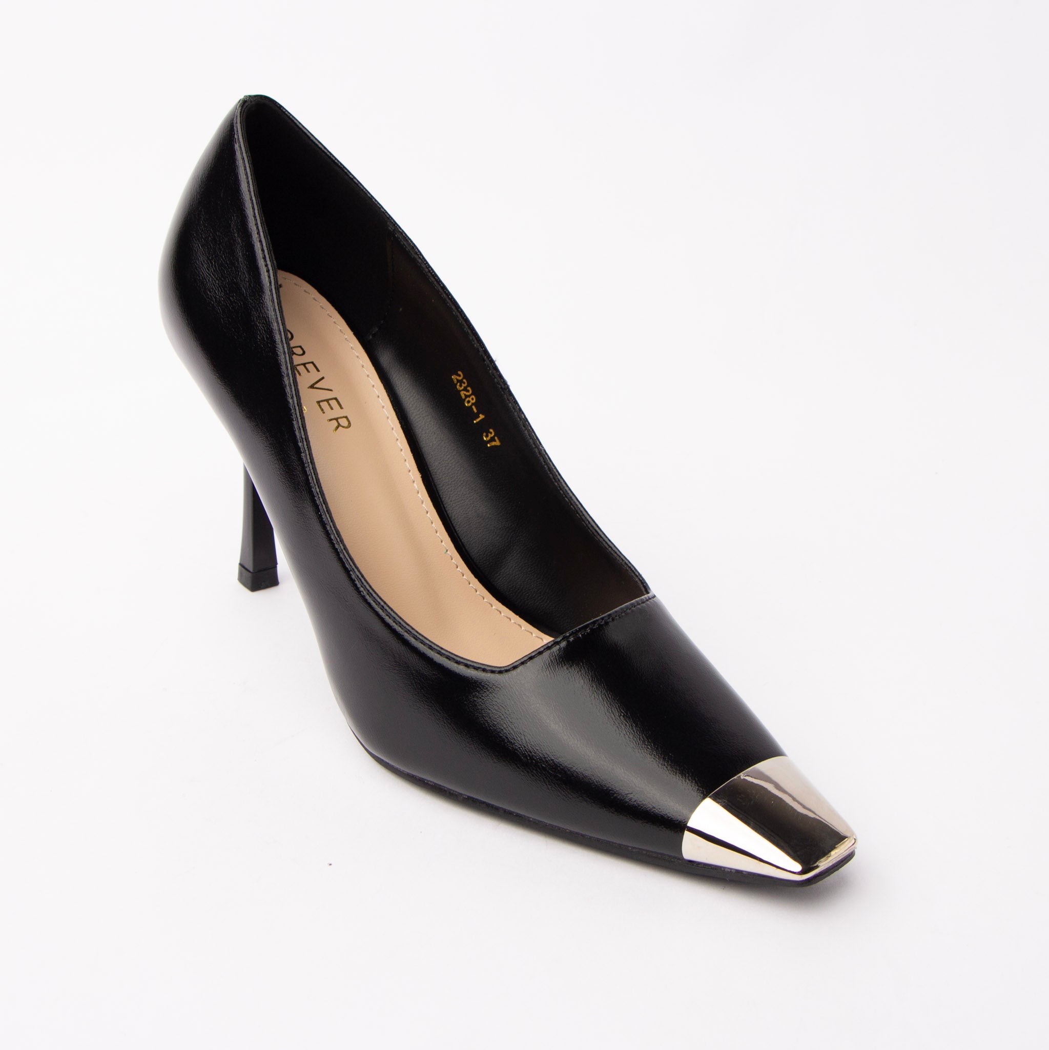 Black metal toe cap stilettos styled for casual wear