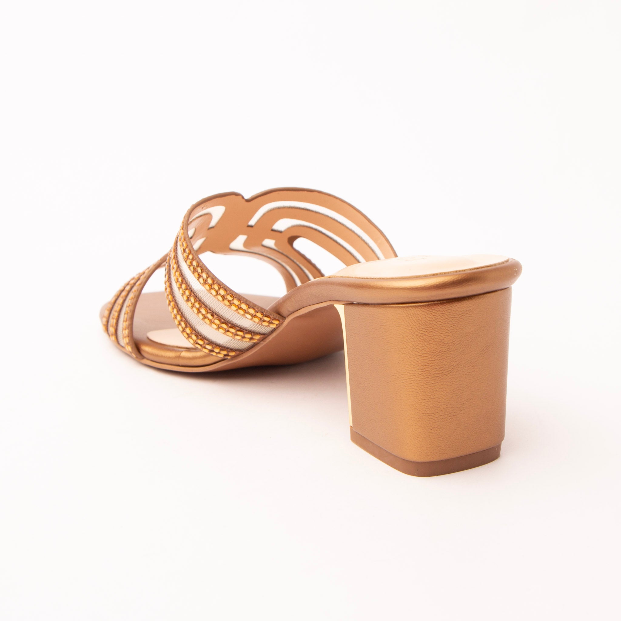 Copper block heel mules for women with cushioned footbed, side view