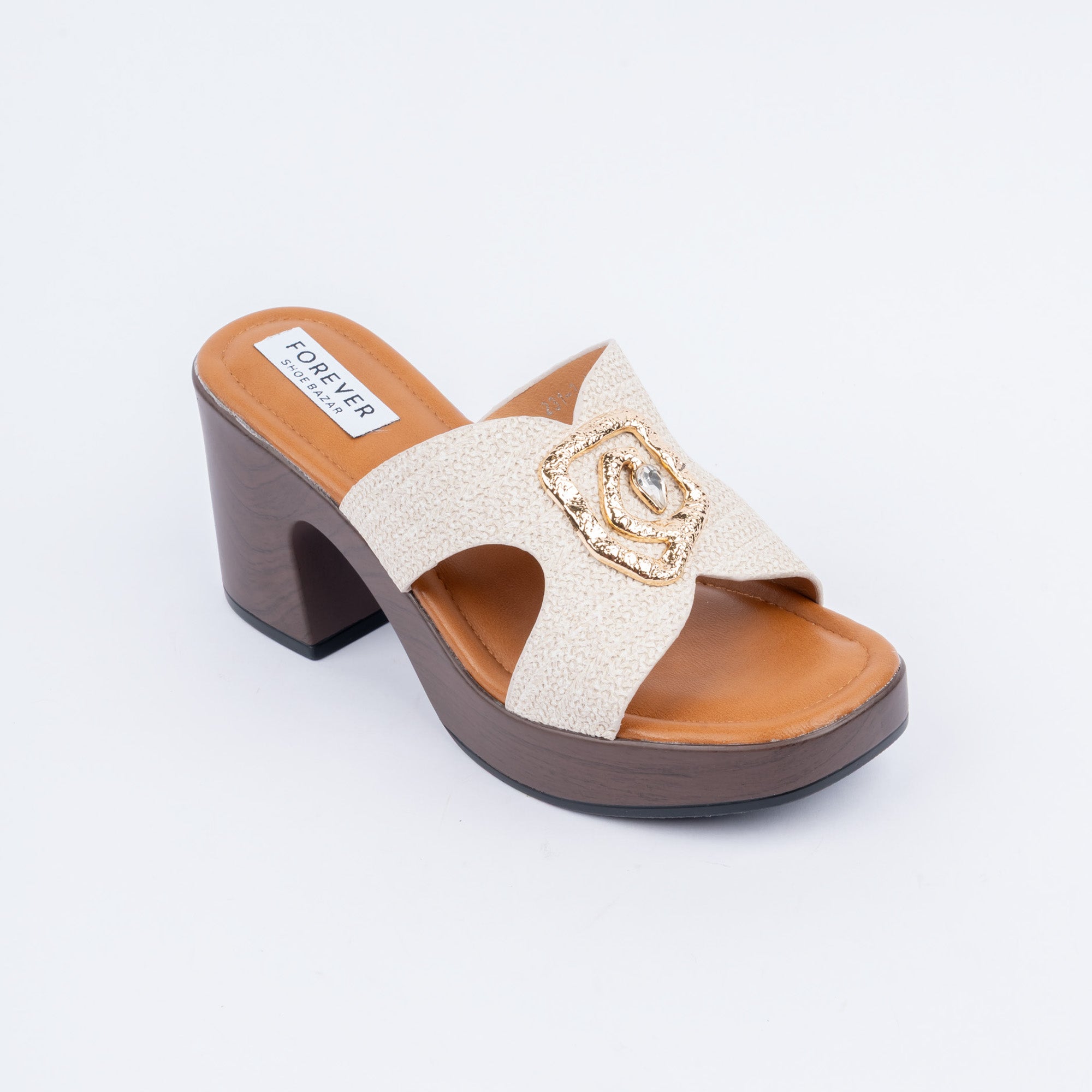 Beige platform heel mules styled for casual wear