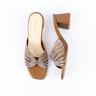 Bronze block heel mules for women, fanned crystal strips forming a bow across the instep