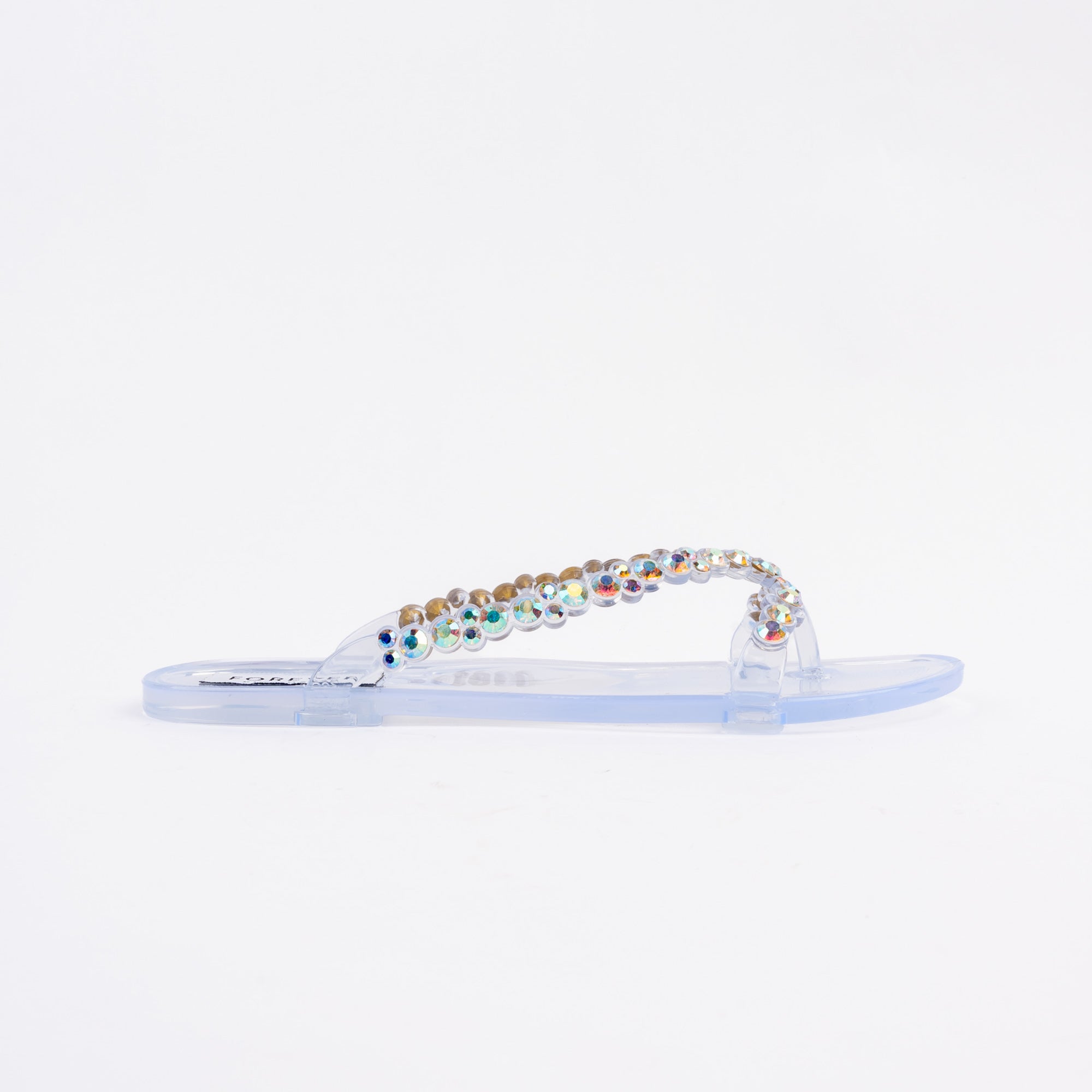 Transparent flat sandals for women with cushioned footbed, side view