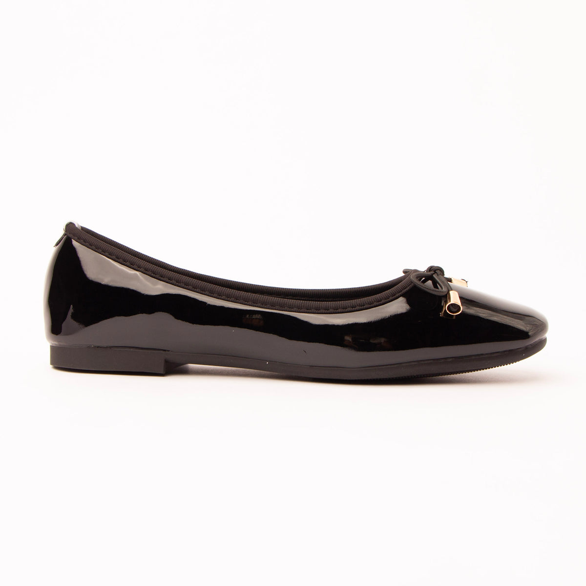 Black patent ballerina flats for women, a high-gloss black patent ballerina cut low at the vamp, gathered grosgrain binding running right around the topline and over the full heel counter, with a slender cord bow tipped in gold