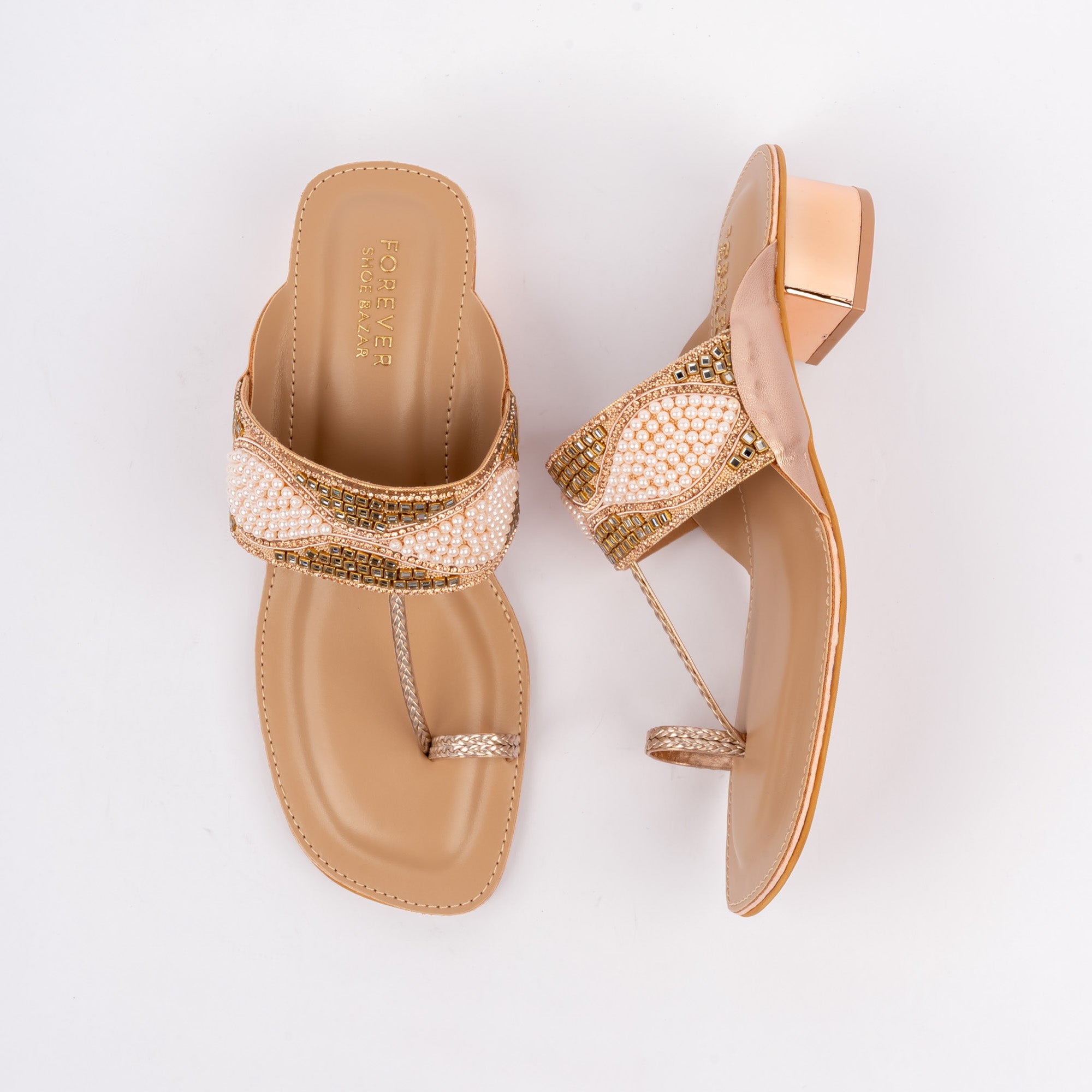 Sultan block heel sandals for women, pearl and gold beadwork across a toe-ring band