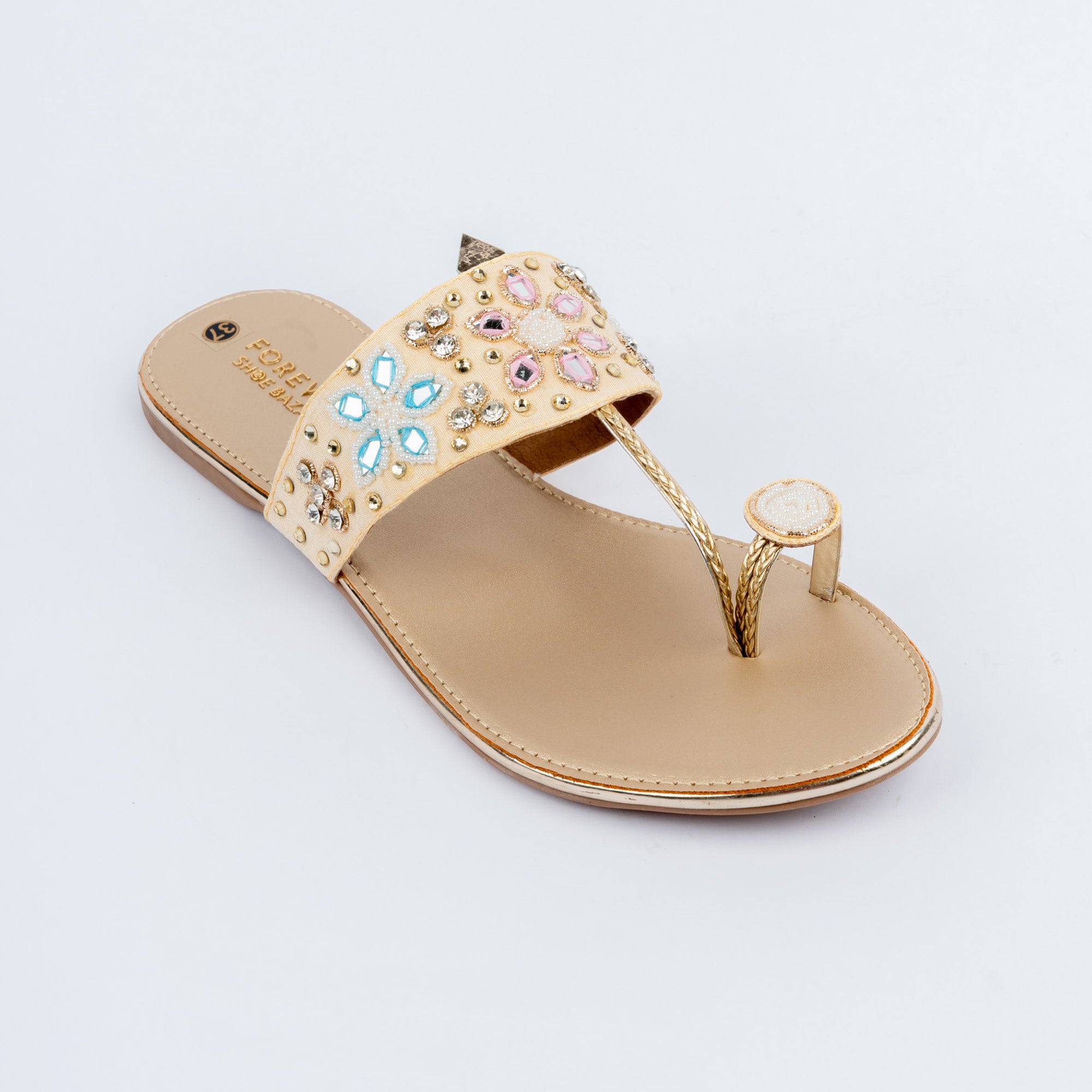 Gold flats for women with cushioned footbed, side view