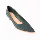 Green check print kitten heels styled for casual wear