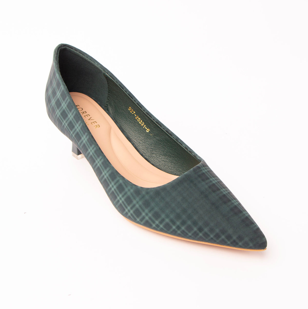 Green check print kitten heels styled for casual wear