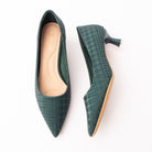 Green check print kitten heels for women, a deep forest-green windowpane check covers the fabric upper of this unembellished pointed-toe court shoe, which slips on over a nude padded footbed above a natural-edged sole and a slim flared kitten heel with a silver tip