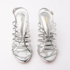 Silver sandals for women, both shoes from the front
