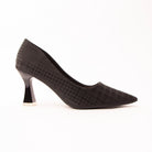 Black check print court shoes for women, a matte black court carrying a whisper-fine tonal windowpane check, with a long tapered point and a deep V throat, raised on a glossy flared heel capped in polished silver above a nude padded footbed
