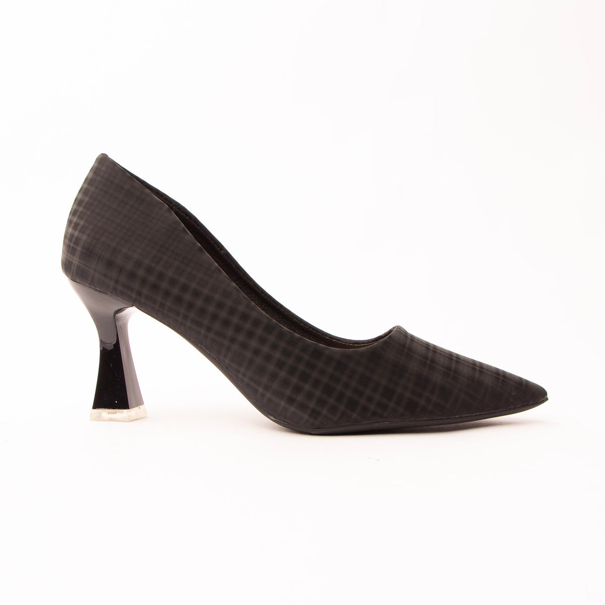 Black check print court shoes for women, a matte black court carrying a whisper-fine tonal windowpane check, with a long tapered point and a deep V throat, raised on a glossy flared heel capped in polished silver above a nude padded footbed