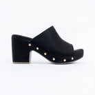 Black platform heel mules for women, gold dome studs set around a chunky platform rand