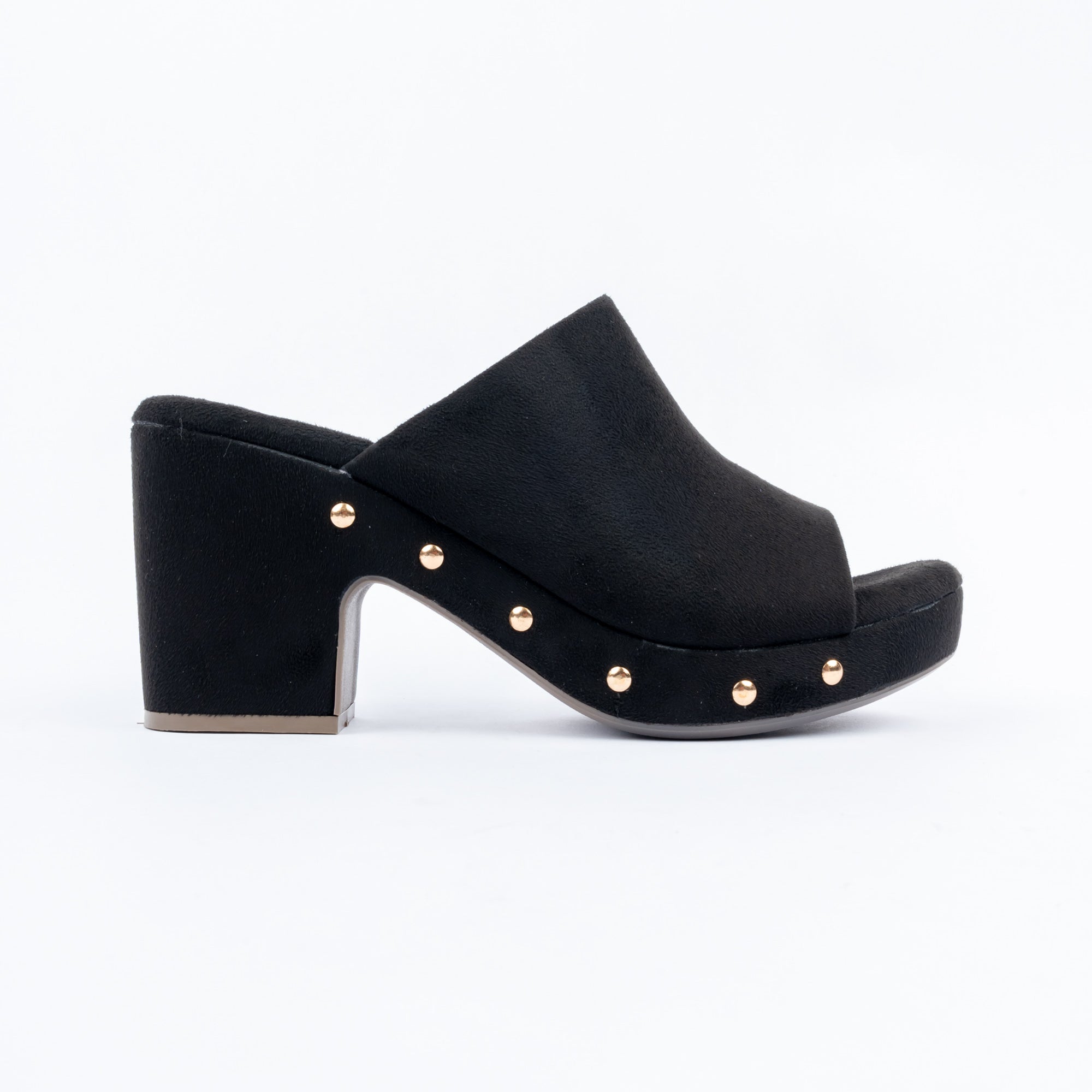 Black platform heel mules for women, gold dome studs set around a chunky platform rand
