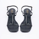 Black block heel sandals for women with cushioned footbed, side view