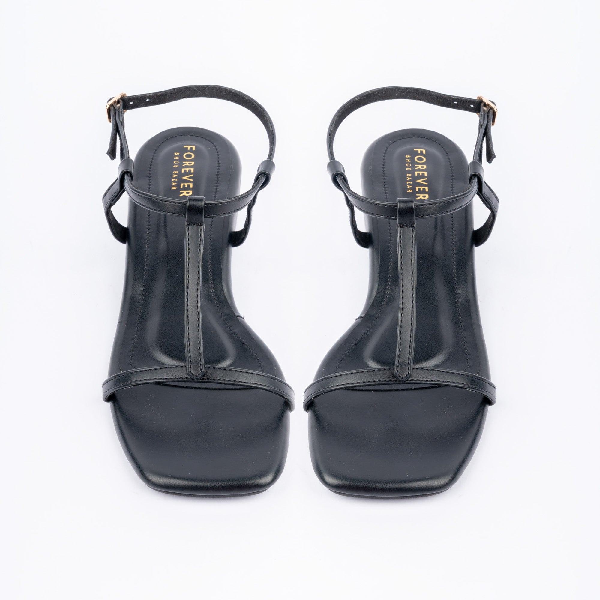 Black block heel sandals for women with cushioned footbed, side view