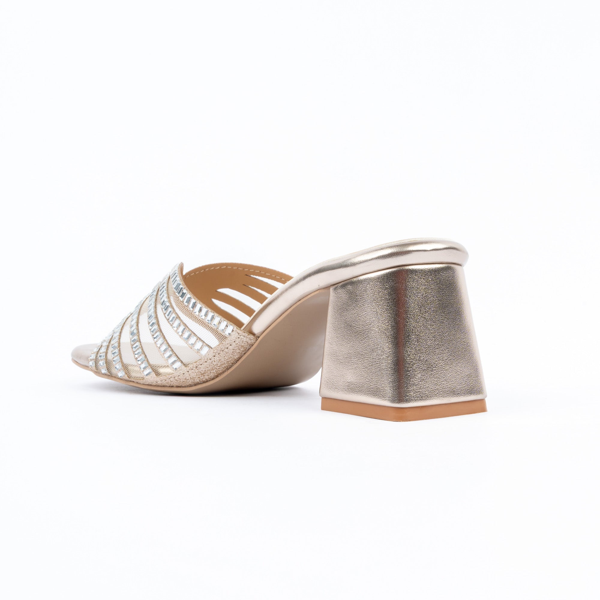 Gold block heel mules for women with cushioned footbed, side view