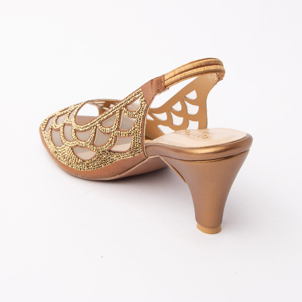 Copper embellished slingback pumps for women with cushioned footbed, side view