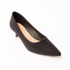 Black check print kitten heels styled for casual wear
