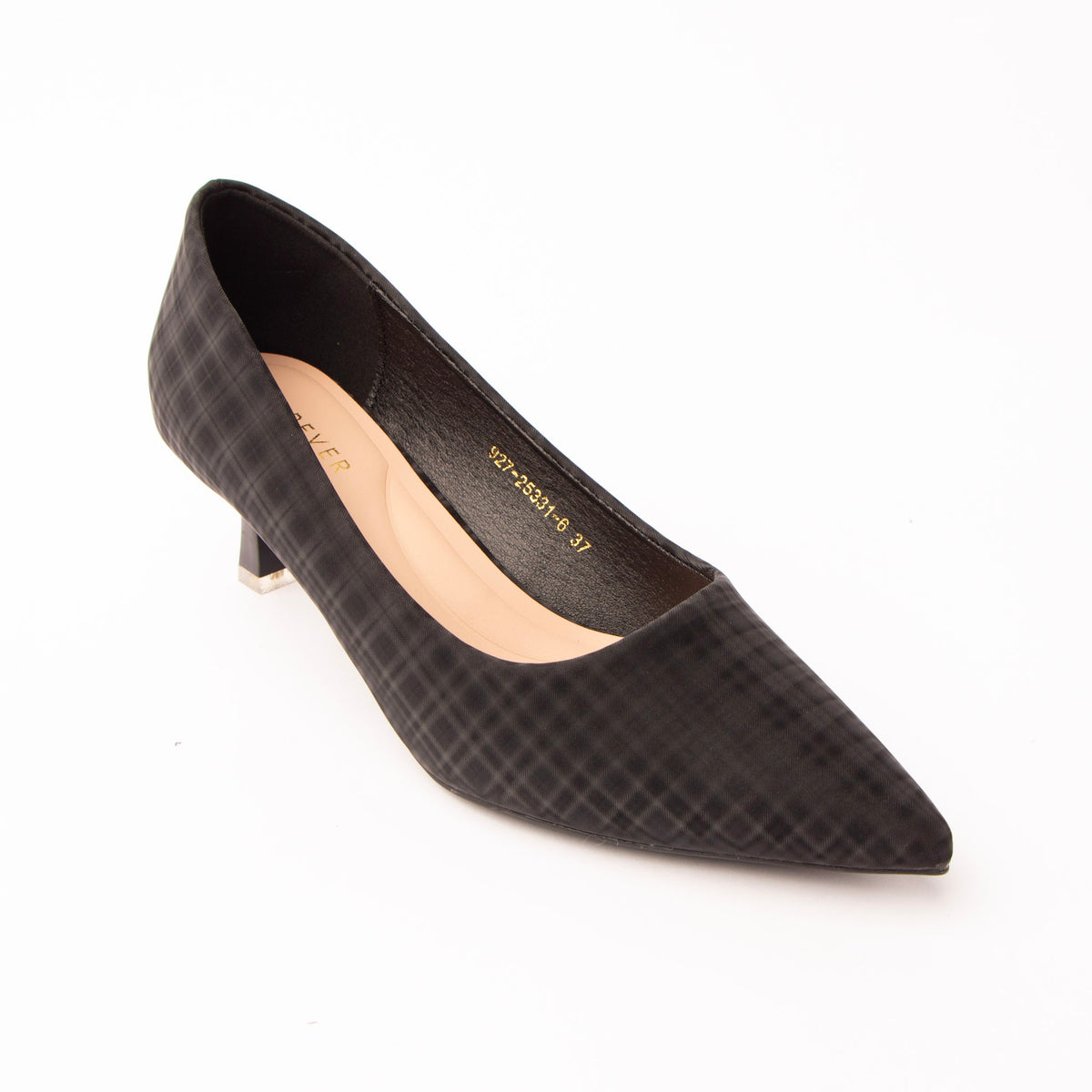 Black check print kitten heels styled for casual wear
