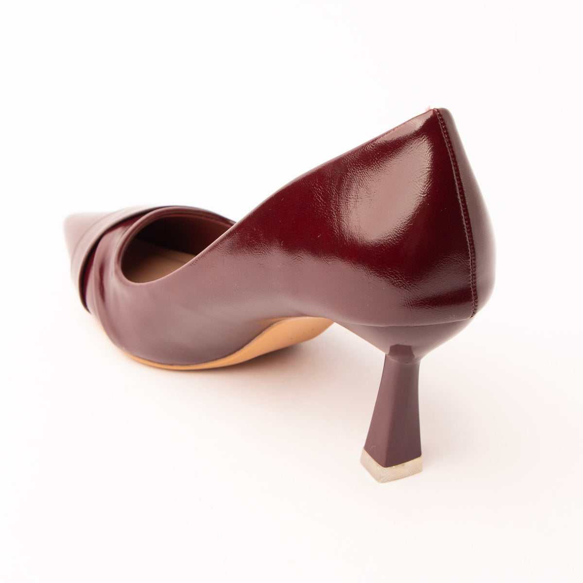 Maroon folded strap pumps for women, back view showing the heel