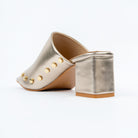Gold block heel mules for women with cushioned footbed, side view