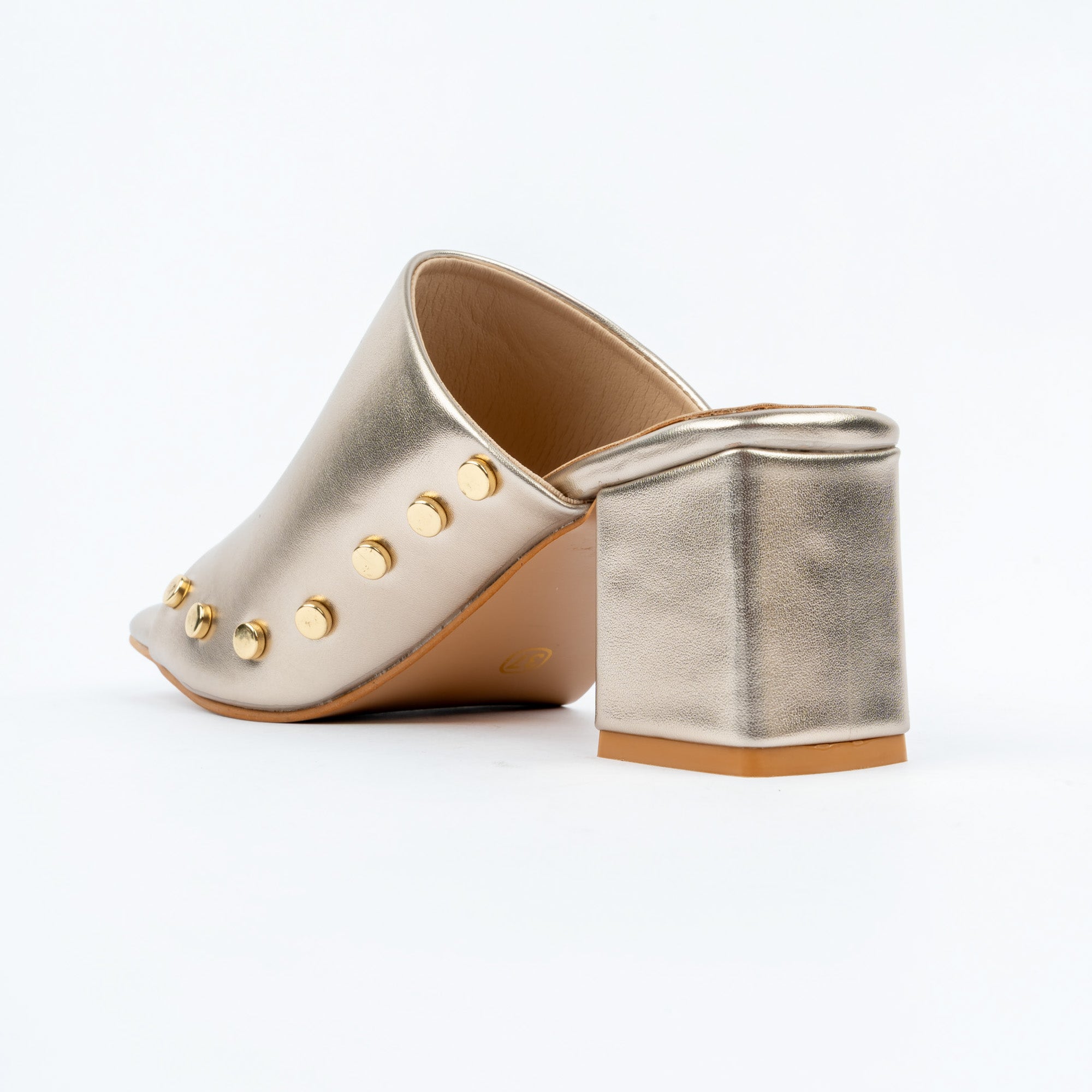 Gold block heel mules for women with cushioned footbed, side view