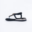 Black flat sandals for women with cushioned footbed, side view
