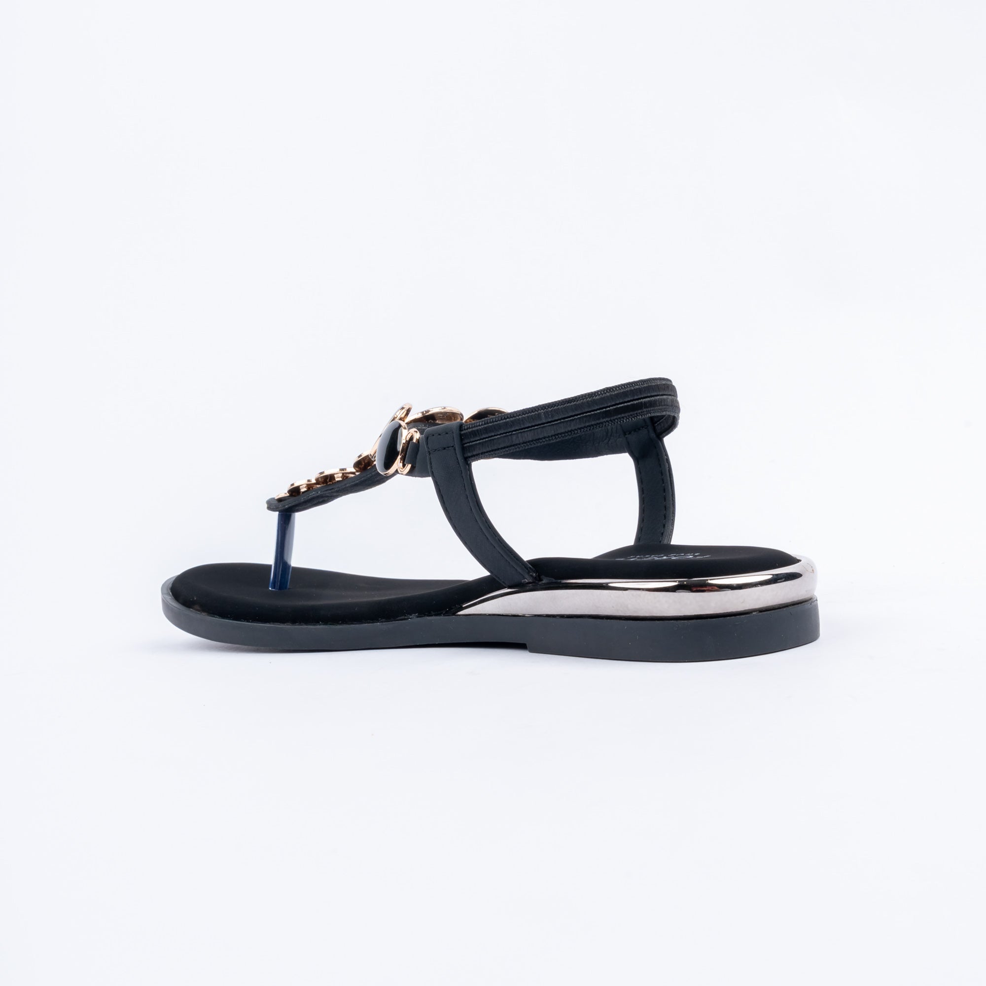 Black flat sandals for women with cushioned footbed, side view