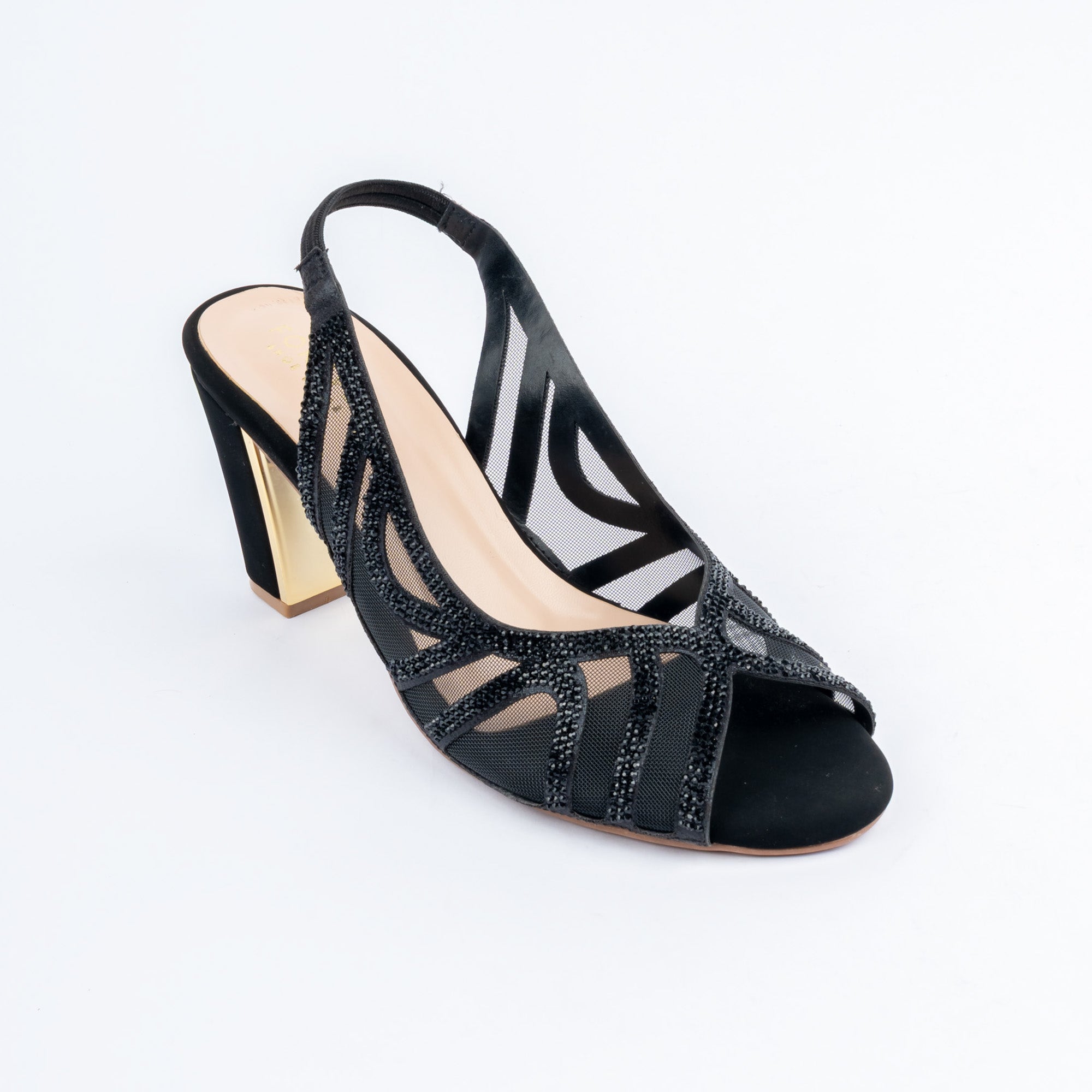 Black peep toe heels styled for party wear