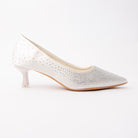 White crystal kitten heel pumps for women, ivory-white satin paved with tiny clear silver-mirror crystals, dense across the pointed toe and scattering away towards the heel, on a self-covered flared spool kitten heel with a clear tip and a nude padded footbed