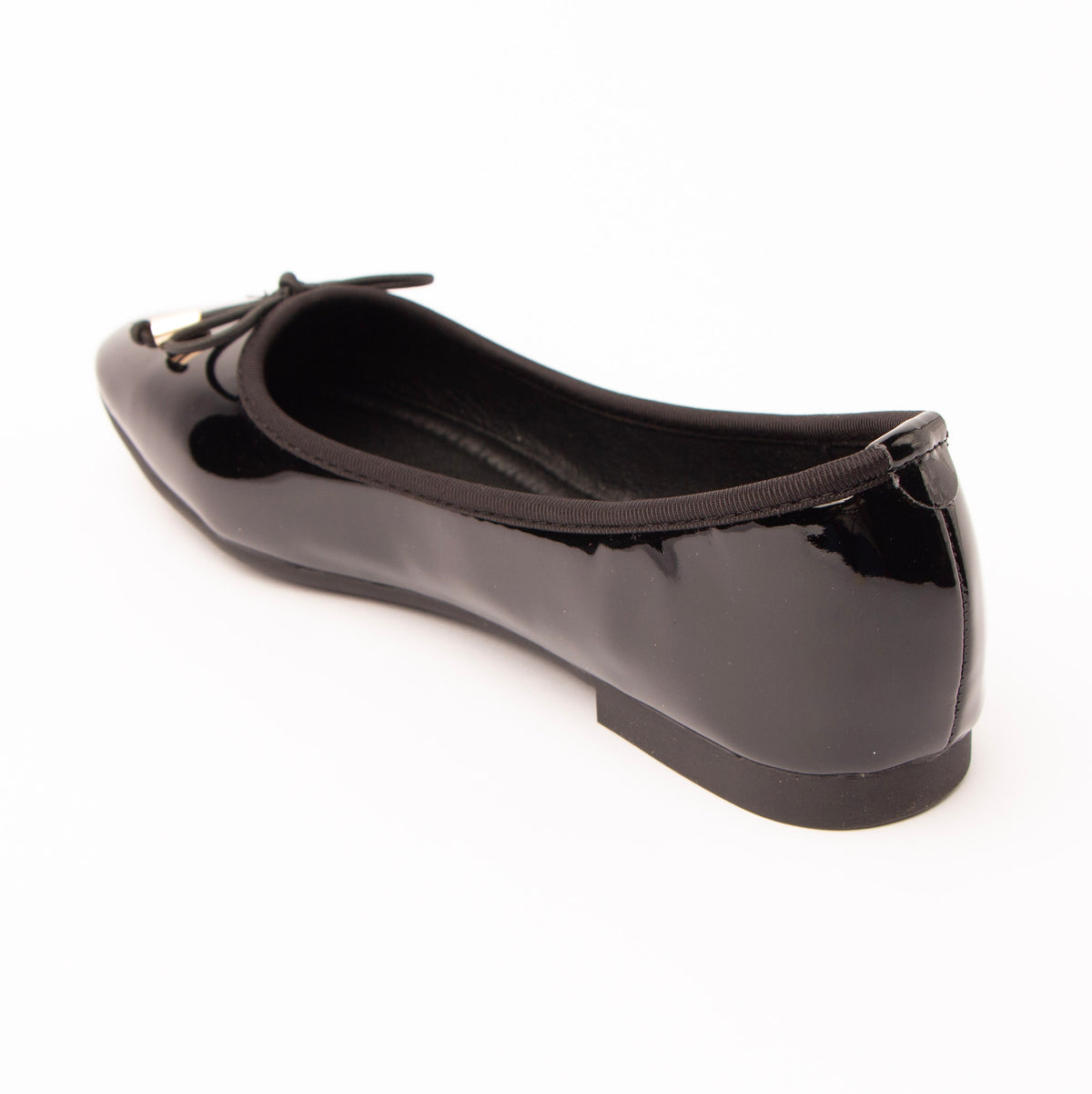 Black patent ballerina flats for women, back view showing the heel counter