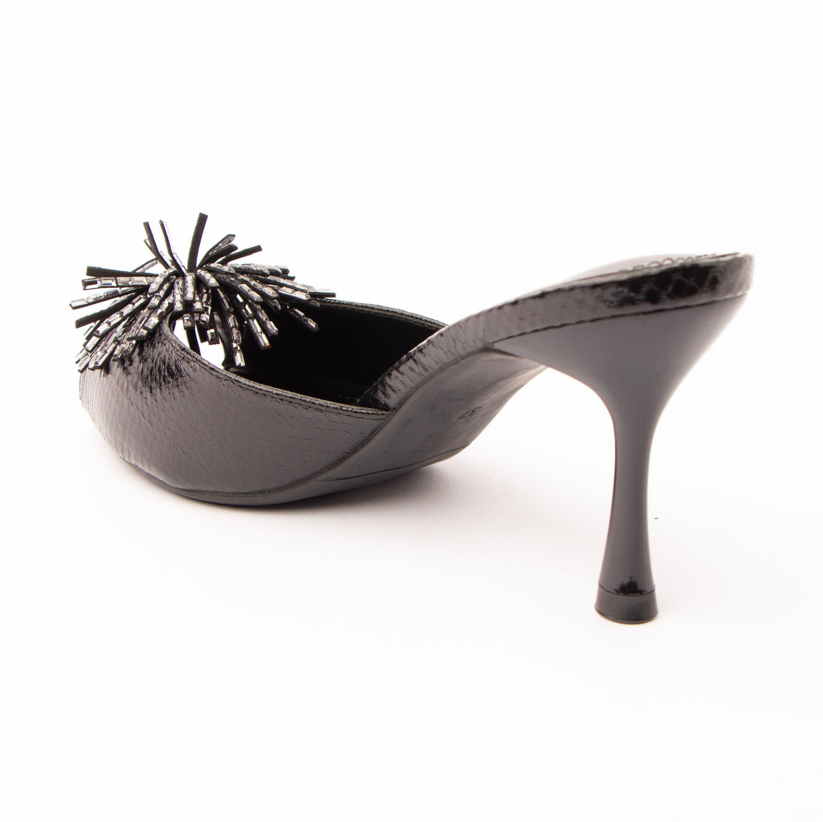 Black mules for women, back view showing the heel