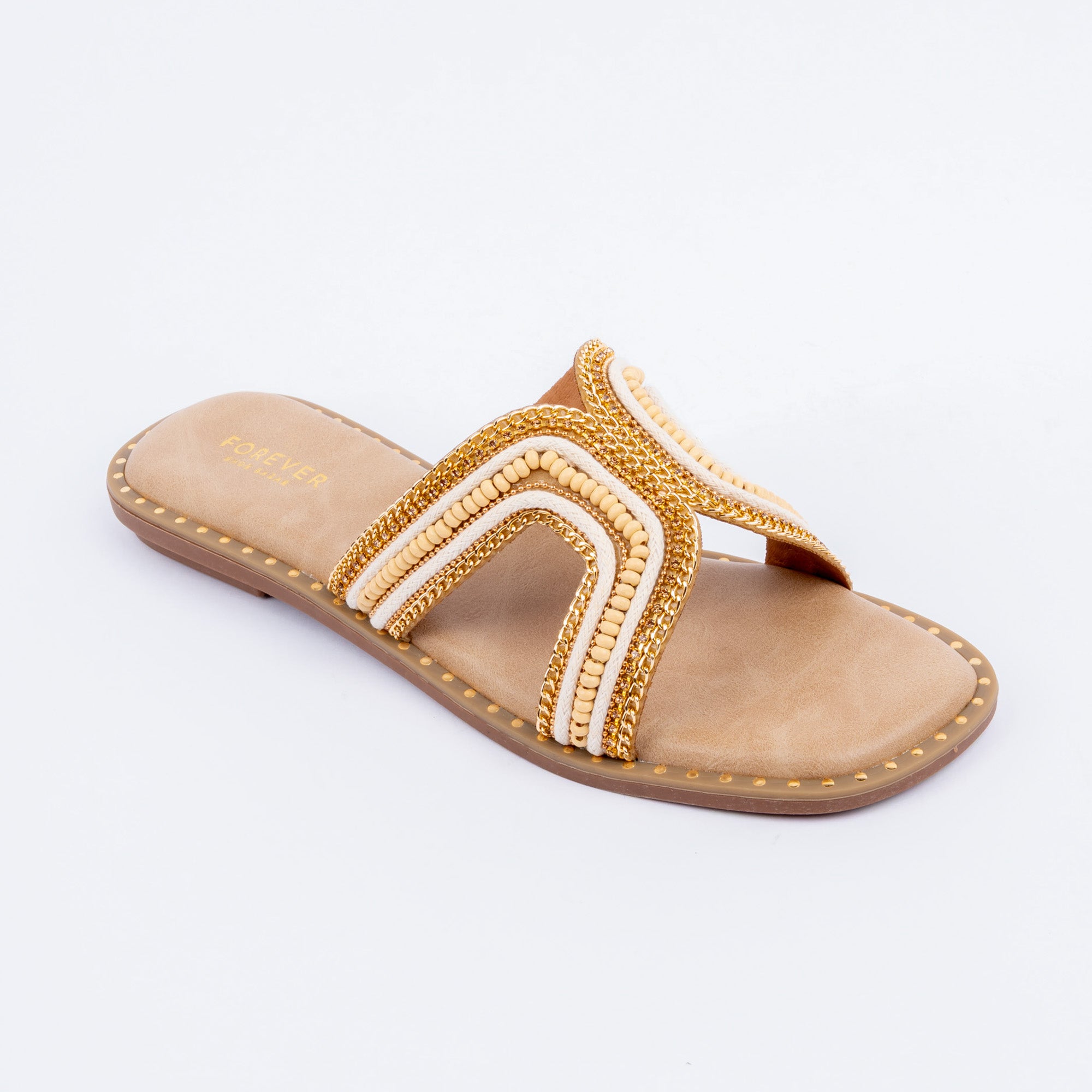 Beige beaded ballet flats for women, sculptural curved rope strap