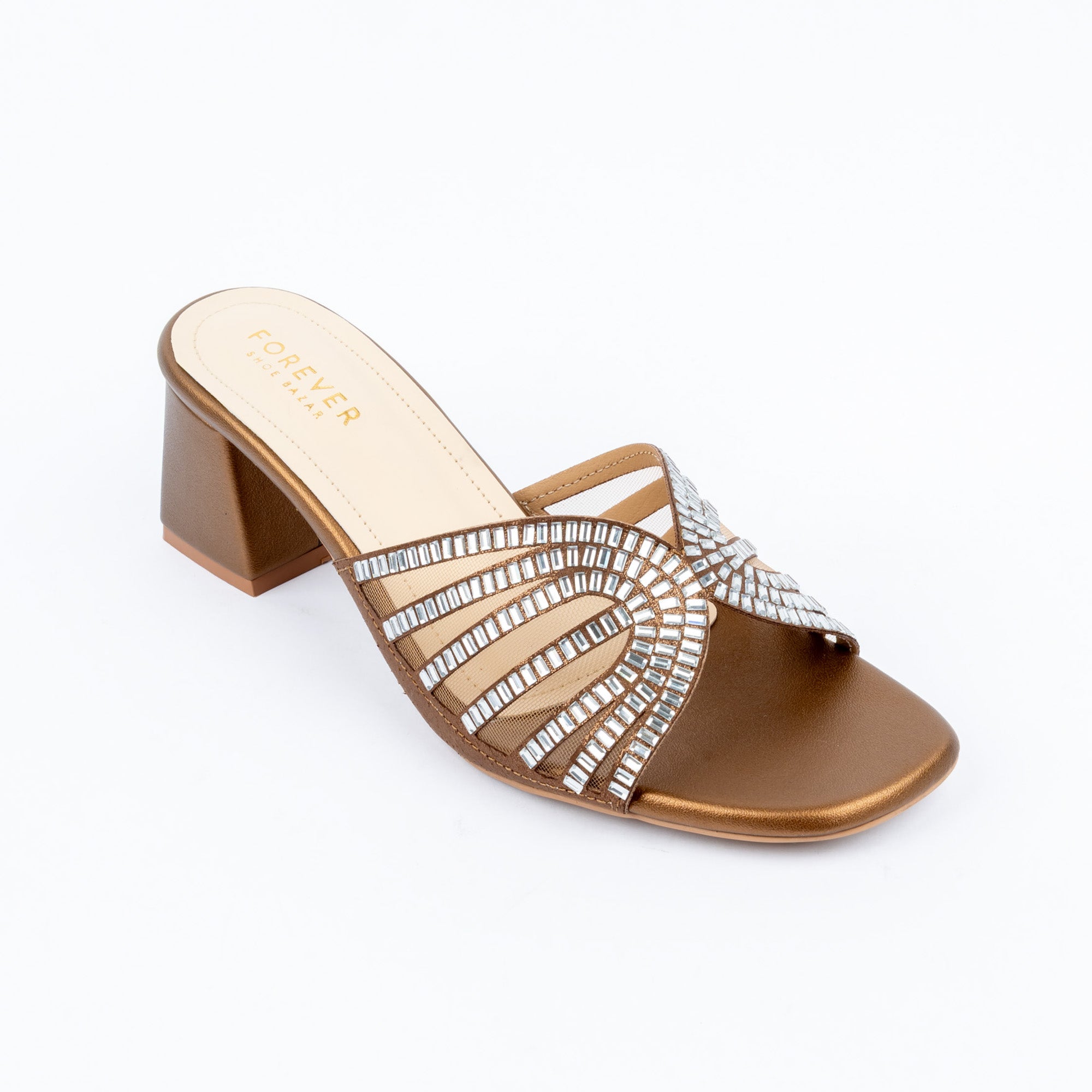 Bronze block heel mules styled for party wear