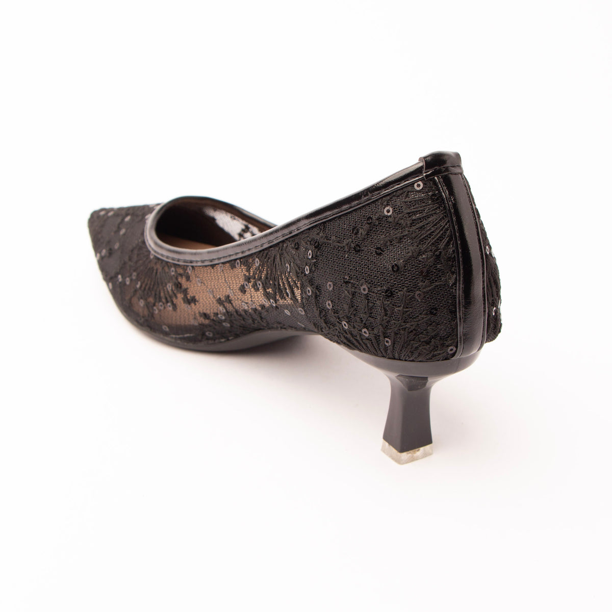Black embroidered mesh pumps for women with cushioned footbed, side view