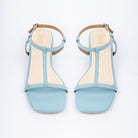 Blue block heel sandals for women with cushioned footbed, side view