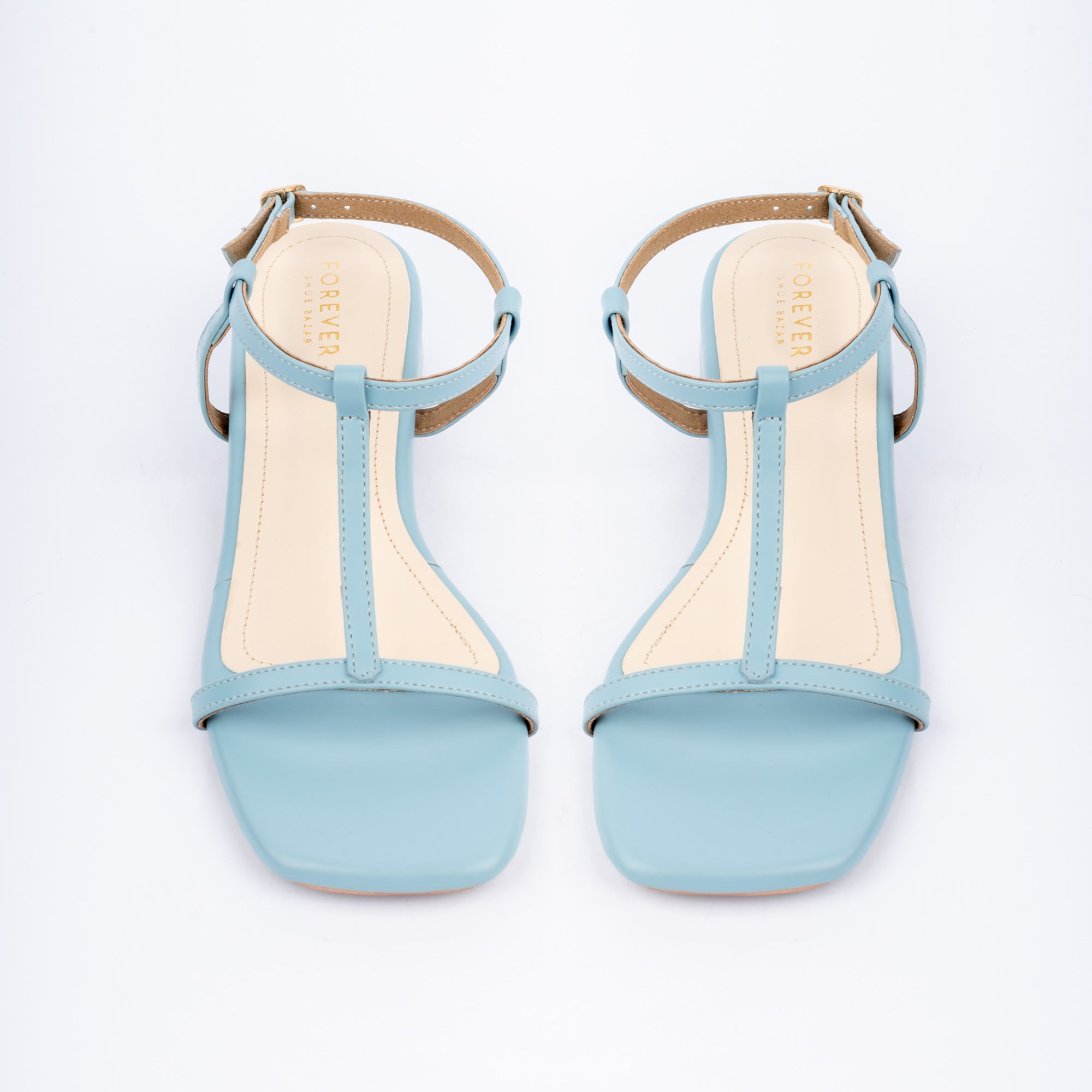 Blue block heel sandals for women with cushioned footbed, side view