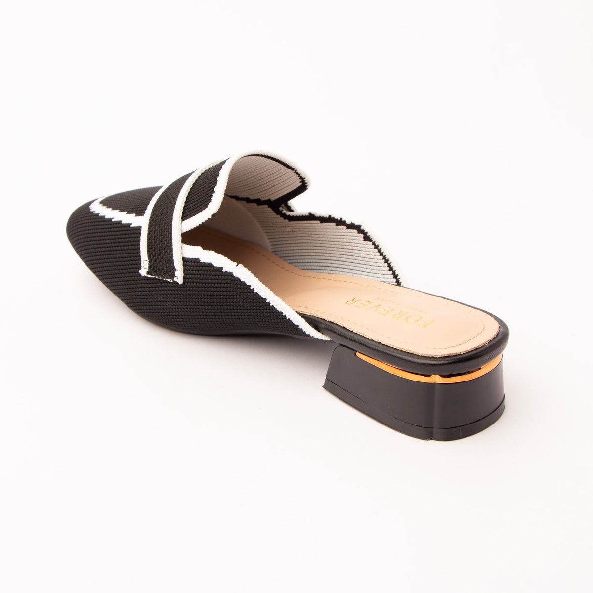 Black knit loafer mules for women with cushioned footbed, side view