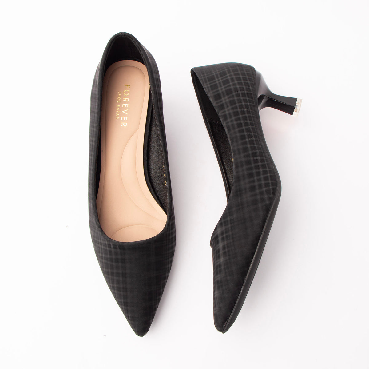 Black check print kitten heels for women, a tonal black windowpane check runs across the fabric upper of this unadorned pointed-toe court shoe, which slips on over a nude padded footbed and stands on a slim flared kitten heel with a silver metal tip