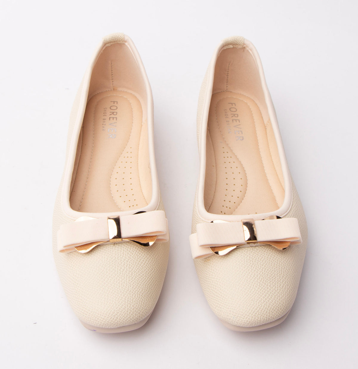 Beige bow ballerina flats for women with a cushioned footbed