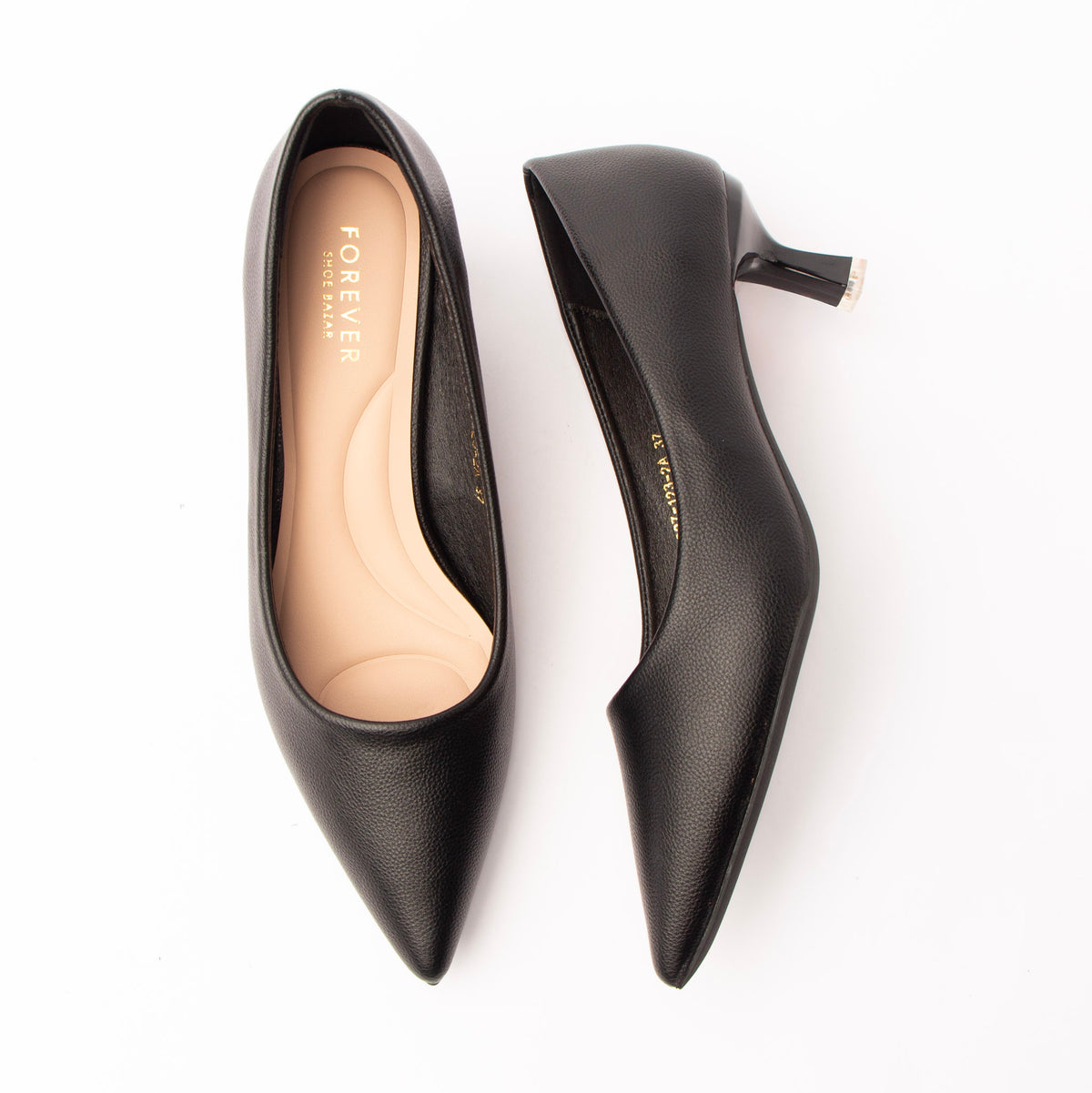 Black pointed kitten heels for women with a cushioned footbed