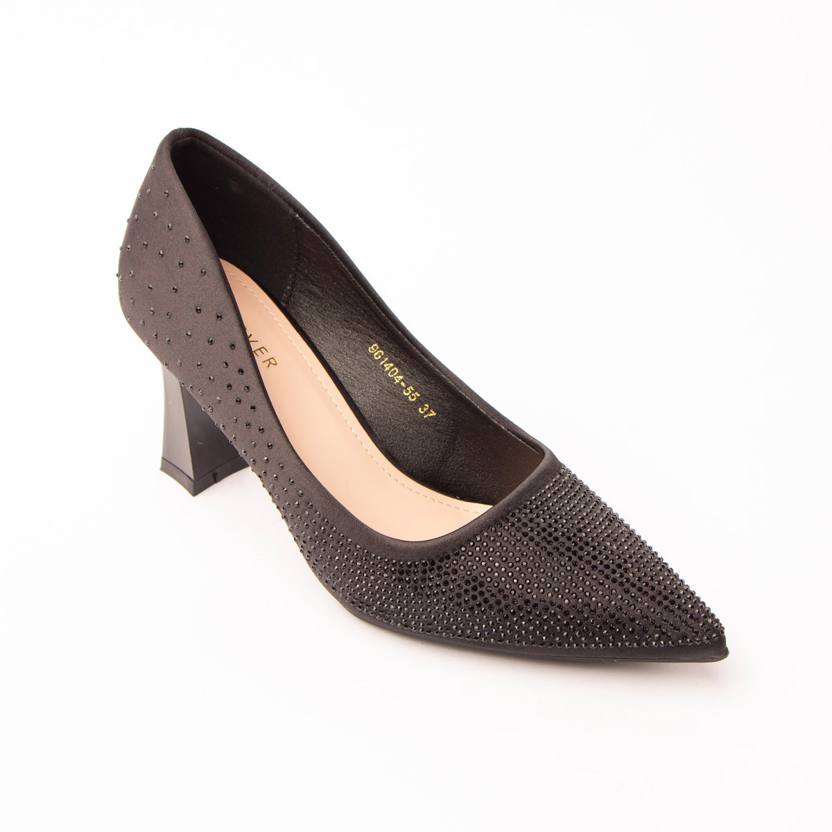 Black rhinestone block heel pumps styled for party wear